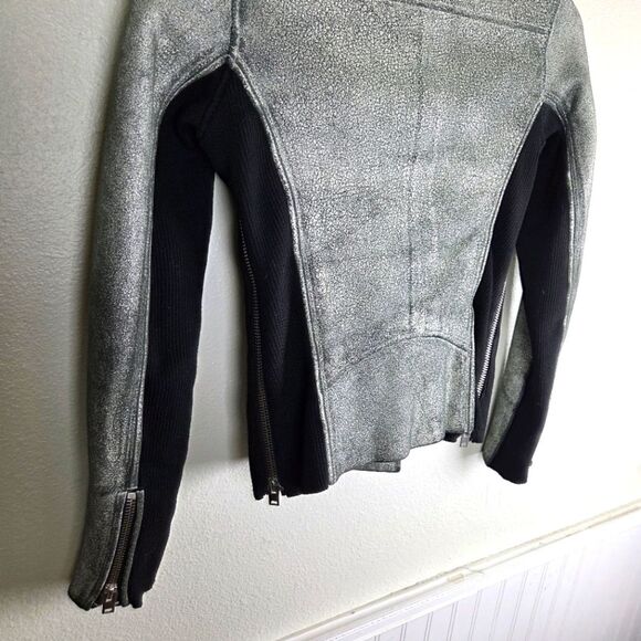 Women's IRO Ilaria Crack Leather Green White Lampskin Moto Zip Jacket Size 34 - Picture 4 of 12